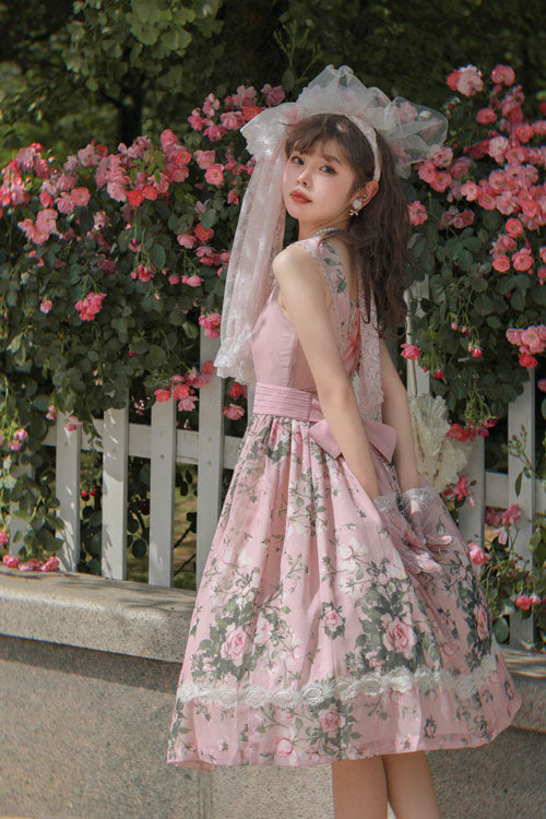 Floral V-Neck Sleeveless JSK with Ruffles in Pink