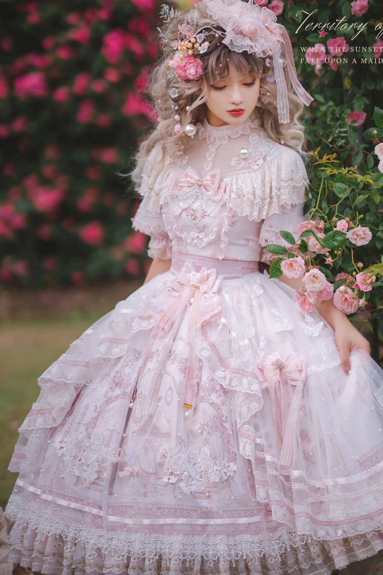 Ivory and Pink Sunset Realm Short Sleeve Printed Ruffled Hanayome Bow Lace Gorgeous Sweet Lolita Dress Set