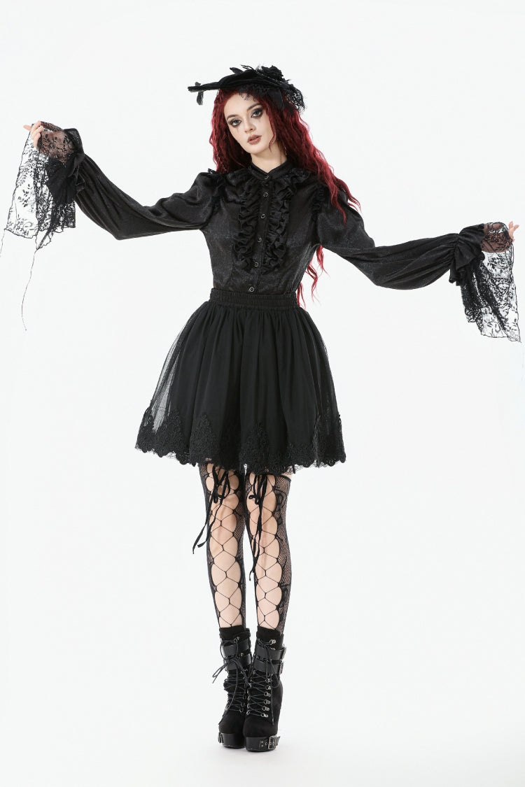 Jet-Black Gothic Blouse with Lantern Sleeves and Ruffled Lace