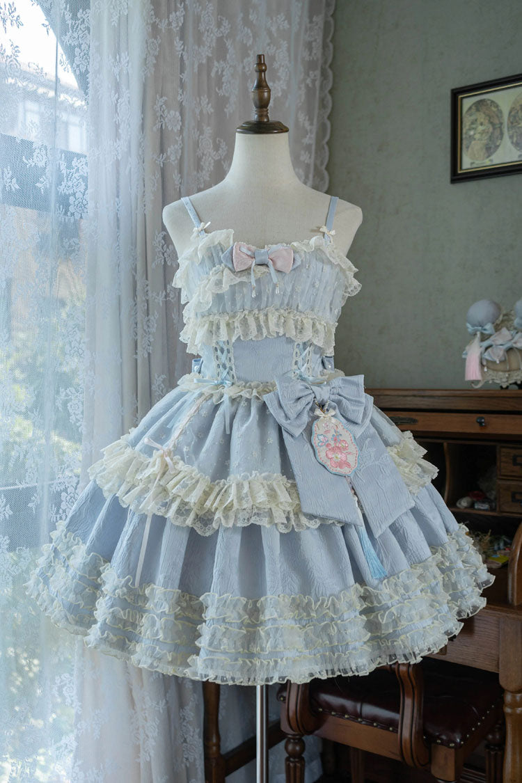 Good Night Peach Sleeveless Multi-Tiered Ruffled Bow Lace Sweet Chinese Style Lolita Jumper Dress Three Colors