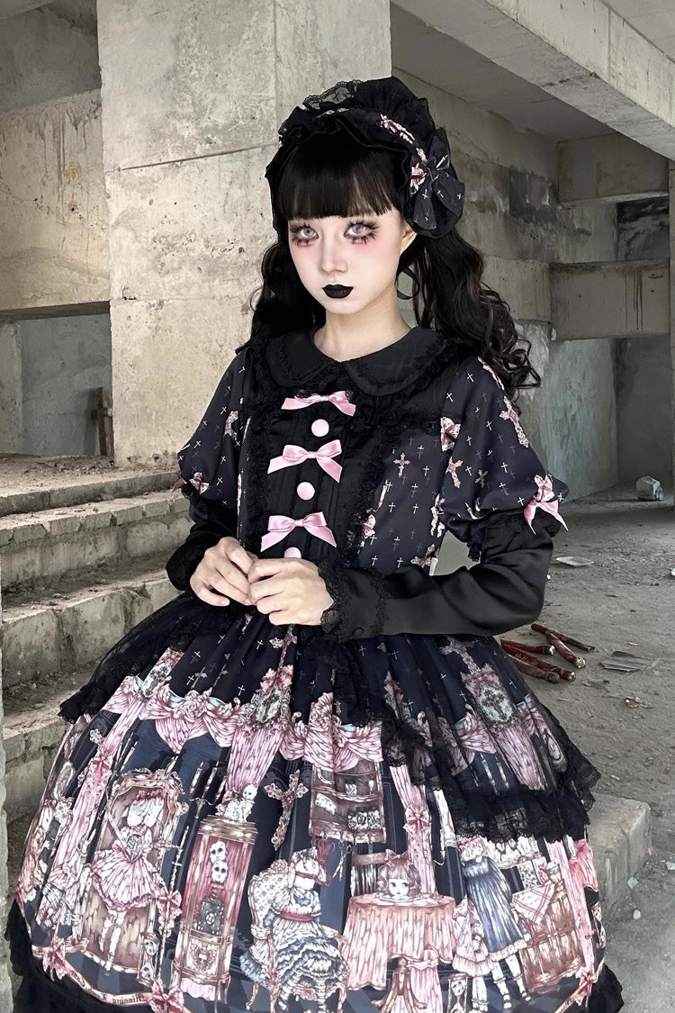 Black Missing Lamb Printed Long Sleeved Ruffled Bow Lace Gothic Lolita Dress