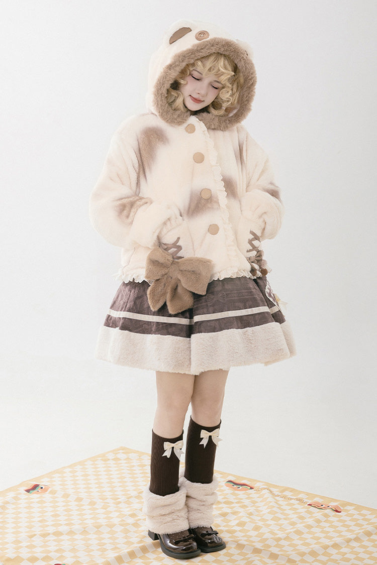 Cream Mocha Bear Print Hooded Bow Sweet Lolita Coat