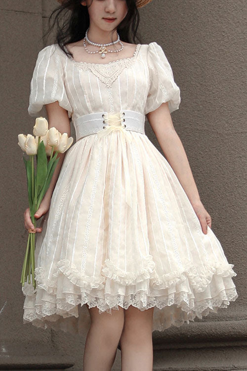 Vintage Lolita OP Dress with Tulip Collar, Lantern Sleeves, Ruffles
