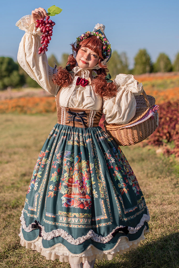 Green Velvet Classic Lolita JSK Dress with Berries and Birds Print Ruffle Bowknot