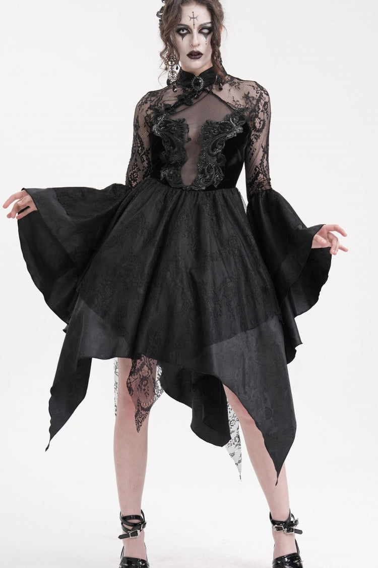 Black Long Sleeves Embroidery Lace Up Irregular Mesh Gothic Dress