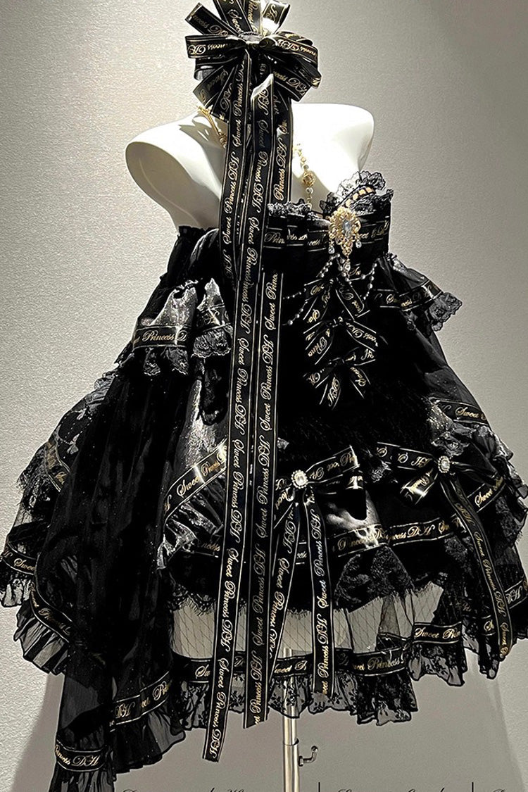 Black Sleeveless Double-Layered Ruffle Bow Pearl Gothic Dress