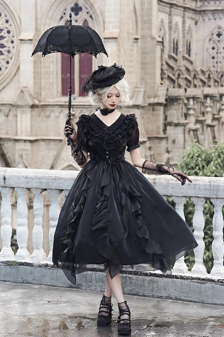 Lace-Trim Puff-Sleeve Gothic Lolita Dress