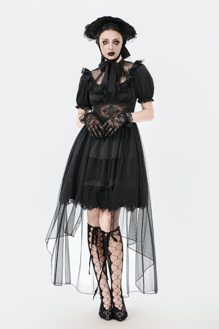Chiffon Gothic Wedding Dress with High-Low Hem and Layers