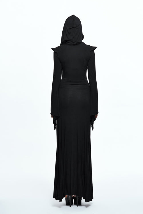 Hooded Knit Dress with Flared Sleeves and Fishtail Hem