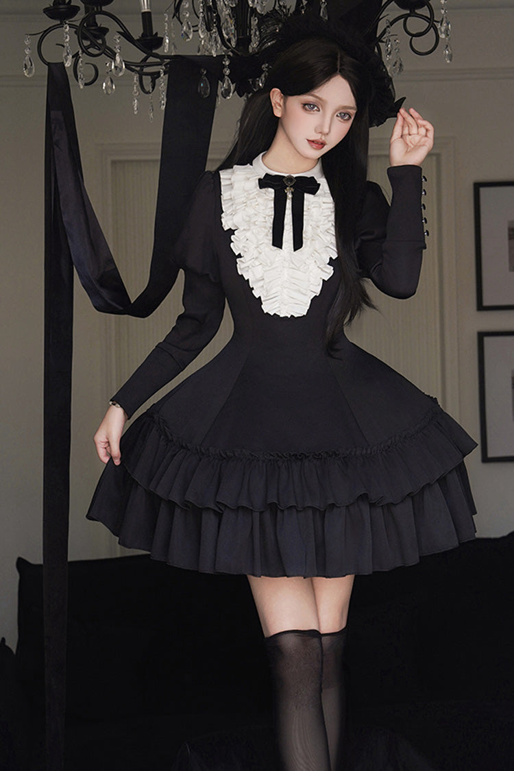 Black Miss Weir Stand Collar Long Sleeved Double-Layered Ruffled Gothic Dress