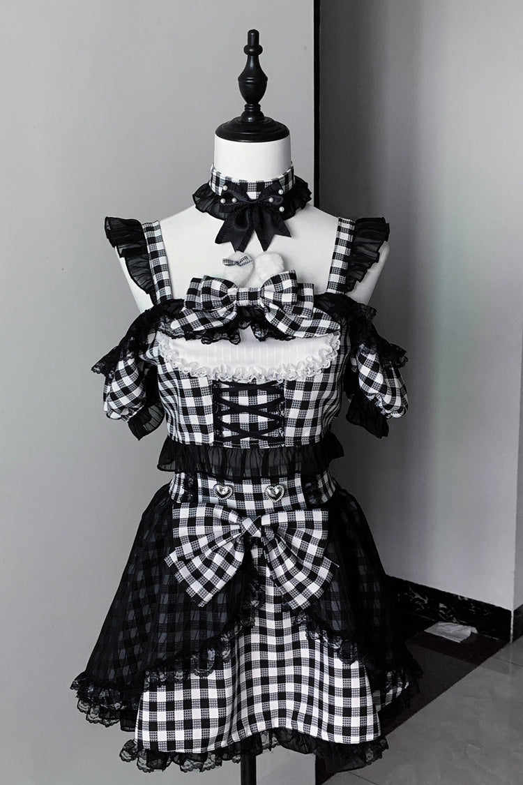 Jirai Kei Skirt Set with Plaid Print and Lace-Up Front - Night Rabbit Dream, Short Sleeves