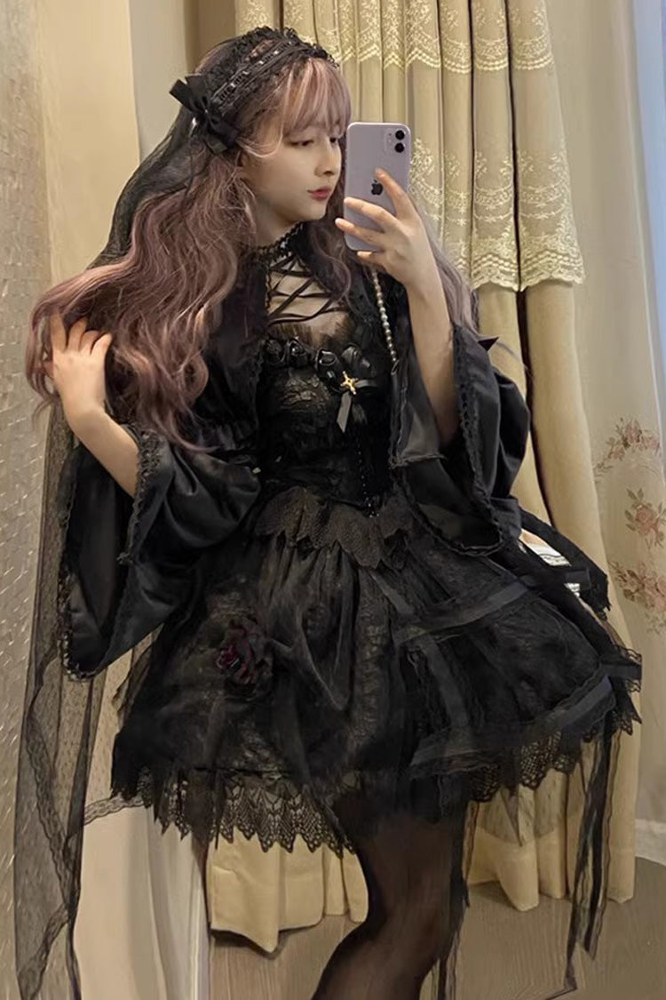 Black Elegant Lolita JSK Dress with Ruffle and Lace Mesh Gothic Style
