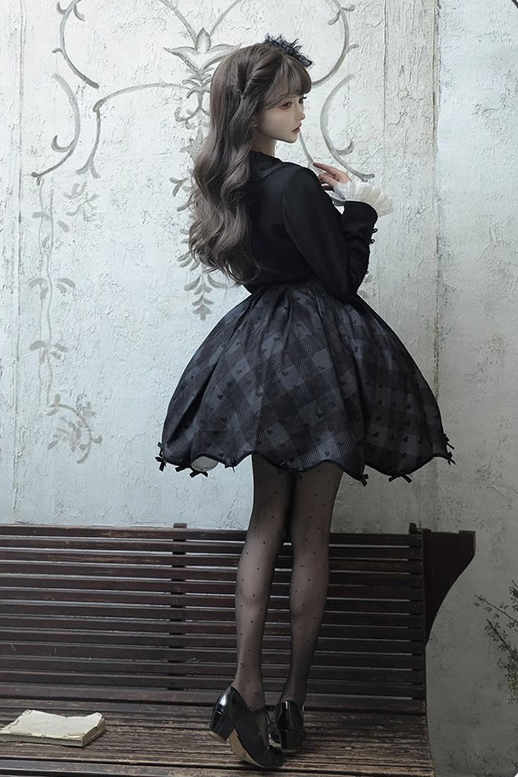 Black Short Sleeve Plaid Print Sweet Elegant Princess Dress Short - Swan