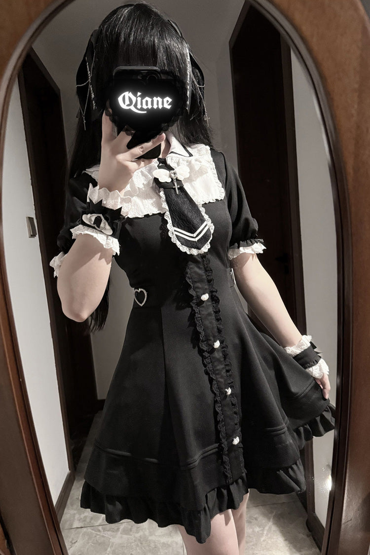 Black Angel Creed Ruffled Bow Stitched Lace Gothic College-Style Dress