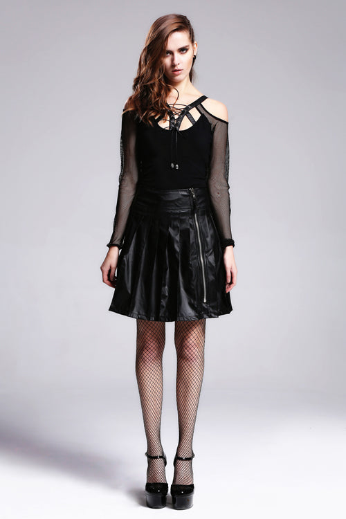 Leather Strap Lace-Up Punk Modal T-Shirt for Women