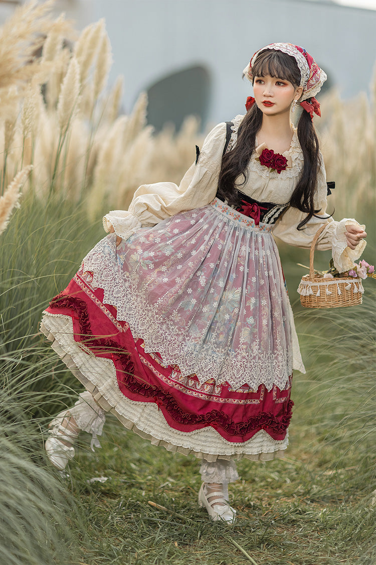 Wine Red Velvet Classic Lolita JSK Dress with Berries and Birds Print Ruffle Bowknot