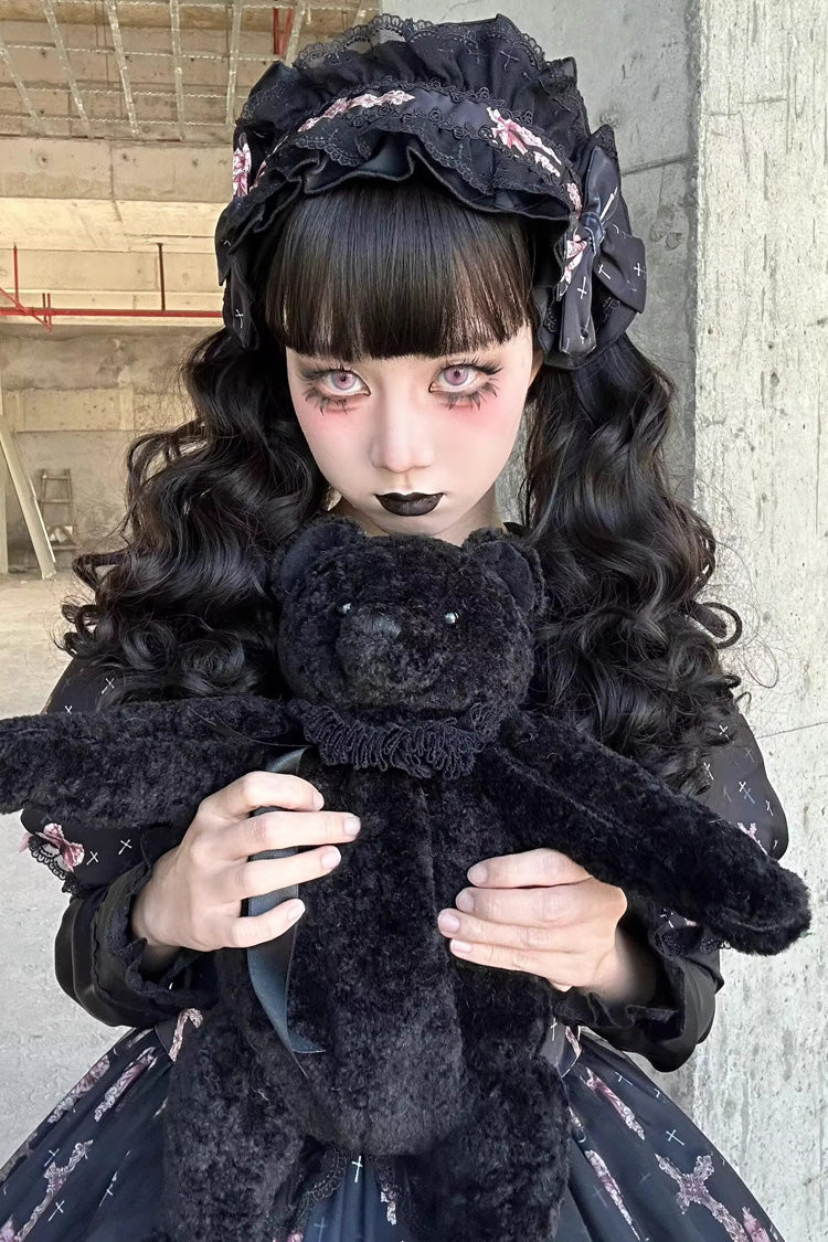 Black Missing Lamb Printed Long Sleeved Ruffled Bow Lace Gothic Lolita Dress