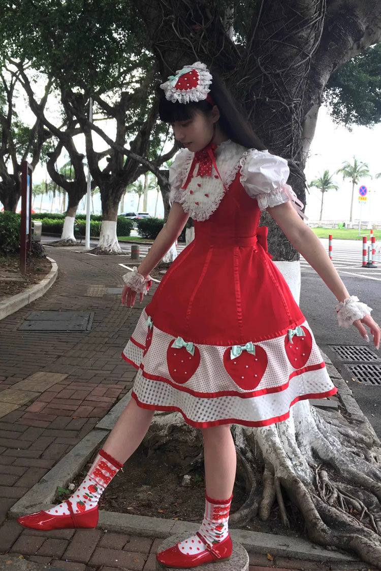 Sweet Lolita Dress with Stand Collar and Bow - Miss Peculiar Strawberry, 2 Shades