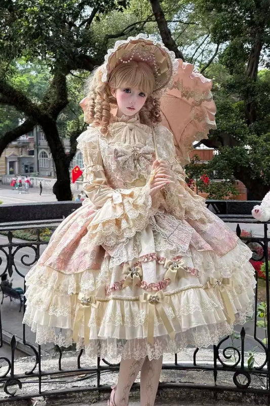 Gilded Waltz Square Collar Sleeveless Printed Embroidered Bow Lace Sweet JSK - Pink
