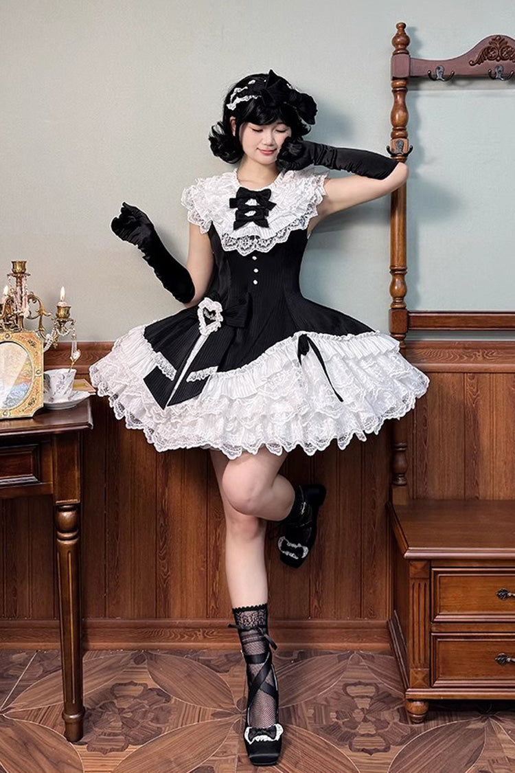 Black/White Asymmetric Lace Bow Sleeveless Multi-Layer Ruffle Sweet Lolita Dress - Miss Tsundere