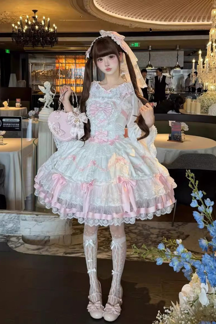 Pink White Scarlet Heart Cocoa Sleeveless Triple-Layered Ruffle Embroidery Lace Sweet Lolita Jsk Dress
