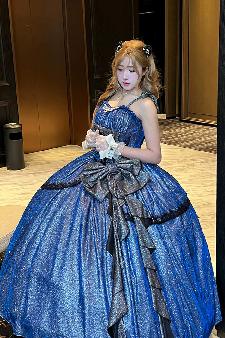 Sweet Lolita JSK Dress with Ruffled Bow and Asymmetric Cut - Blue