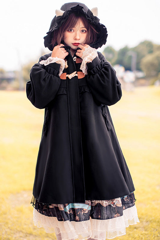 Sweet Lolita Hooded Coat with Cat Tail Bowknot and Ruffles