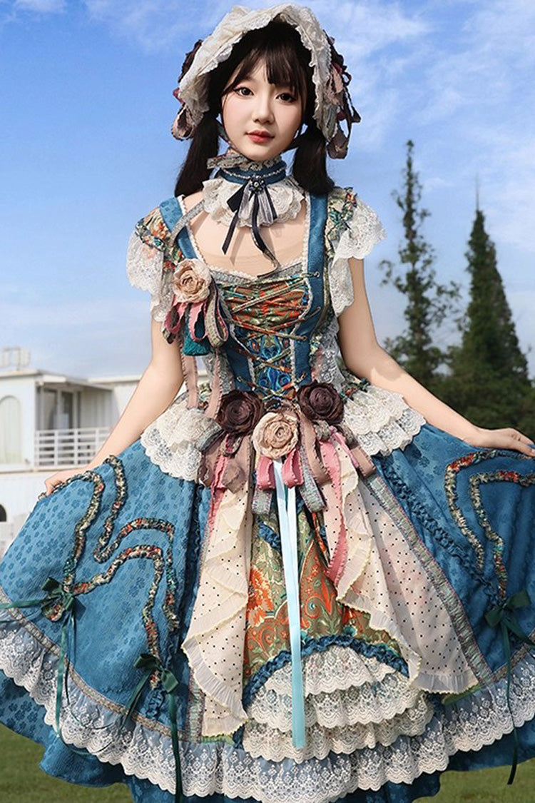 Blue Lake Monet Sleeveless High Waist Print Ruffle Cardigan Bow Lace-Up Vintage Elegant Princess Jumper
