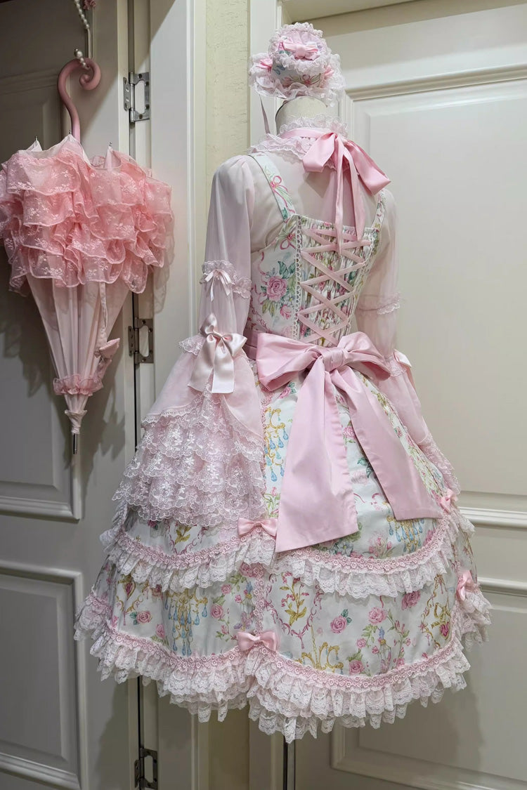 Ivory & Pink Sleeveless Floral Wall Print Lace Bow Sweet Lolita JSK Dress