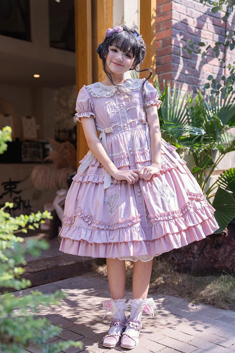 Pink Iris-Print Ruffled Dress with Short Sleeves and Embroidery