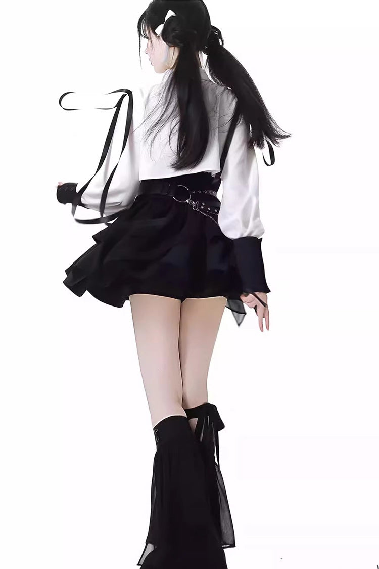 Moonlight Flowing Ruffled Asymmetric Gothic Jirai Kei Skirt Set - White/Black