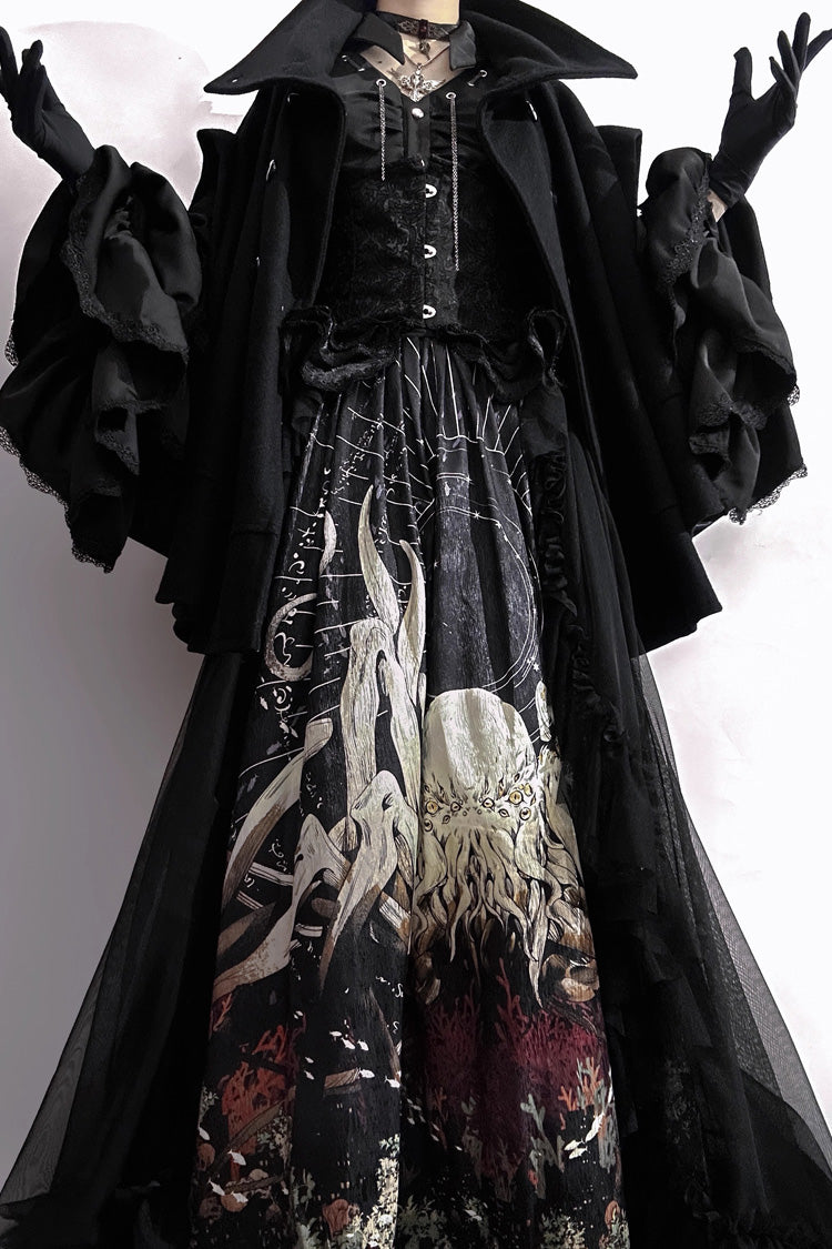 Black Reborn Ancient God Long Hime Sleeve Print Lace Gothic Lolita Skirt Set