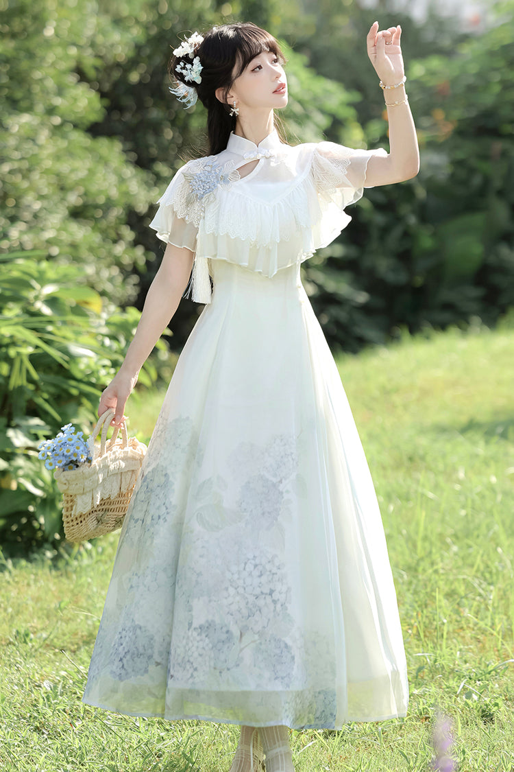 Ivory Print Ruffle Lace Chinese Elegant Dress