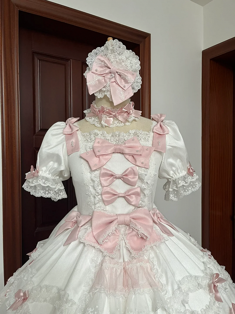 Sleeves Sweet Dress Waist High Princess Pink with Accents White Sakura Bow Detachable Lolita