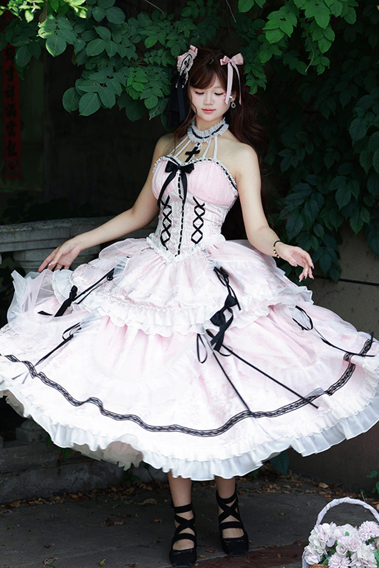 Pink Cross Halterneck Lace-Up Sweet Lolita Dress - Princess Ruffled Bowknot