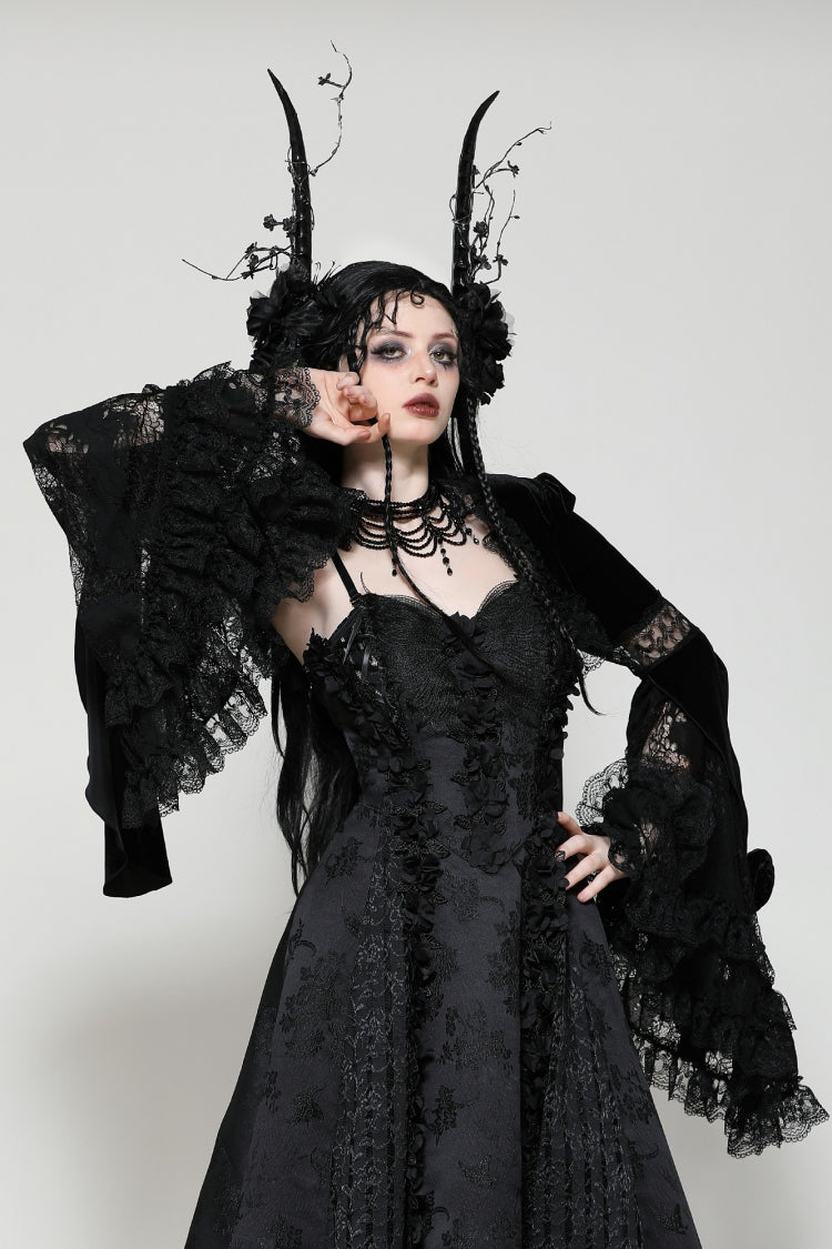 Jet-Black Gothic Cape with Flared Sleeves and Ruffled Lace Trim