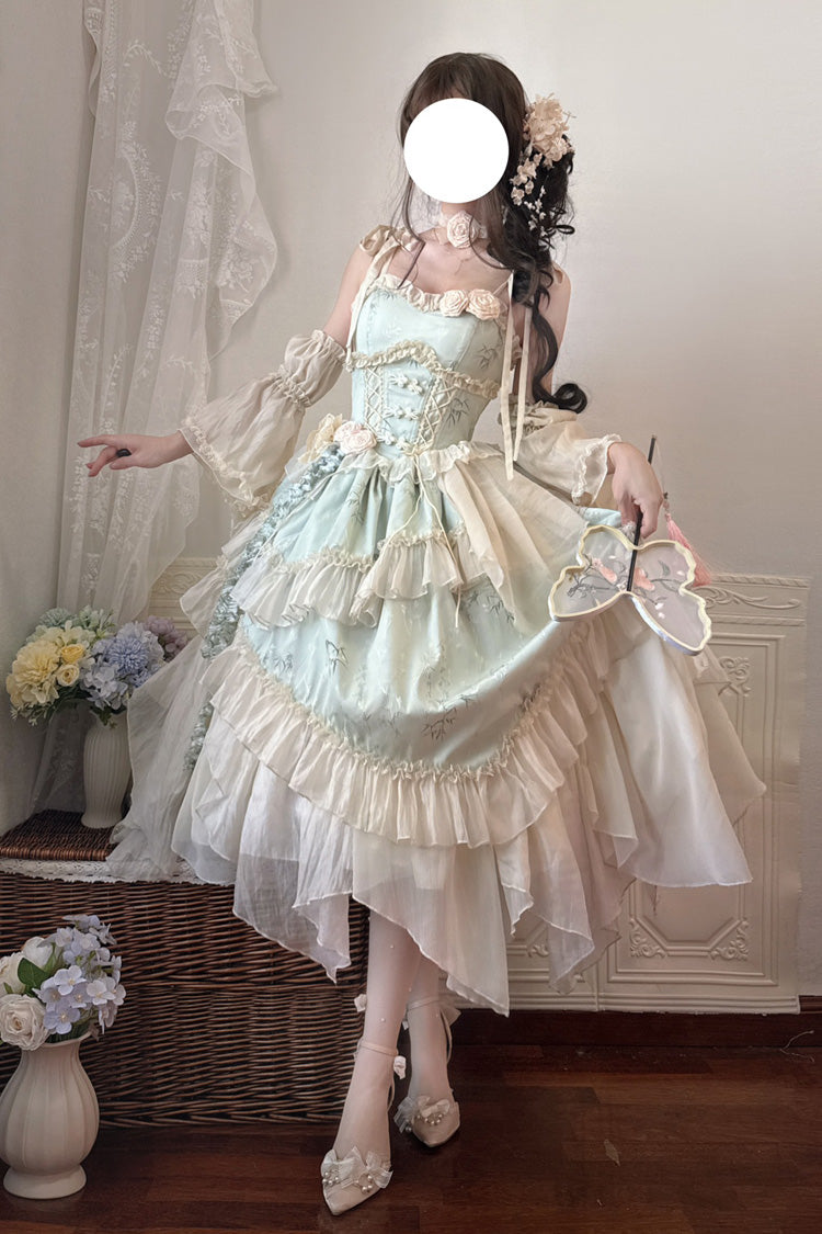 Green Tea Bamboo Song Sleeveless Jacquard Ruffle Bow Lace Chinese Ballet Jsk Dress