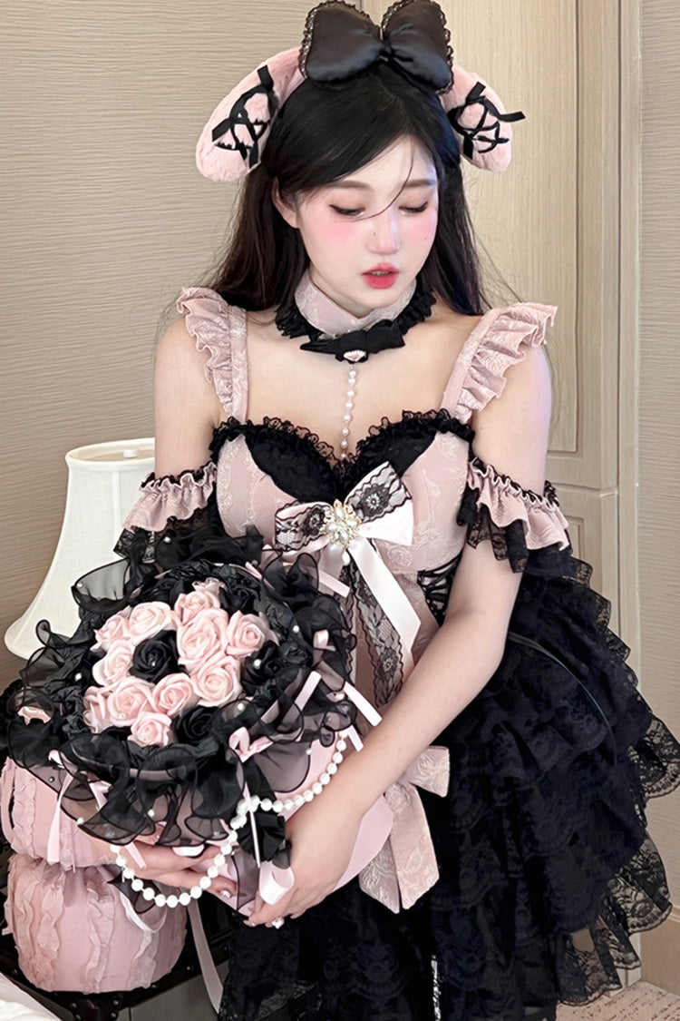 Black Pink Blackberry Lover Multi-Layered Lace Sweet Skirt Set