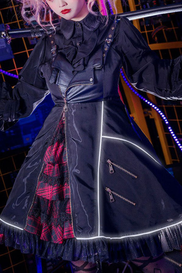 Black Gothic Lolita Jsk Dress Stitching Zipper Cardigan Ruffled - Altfashion Shop