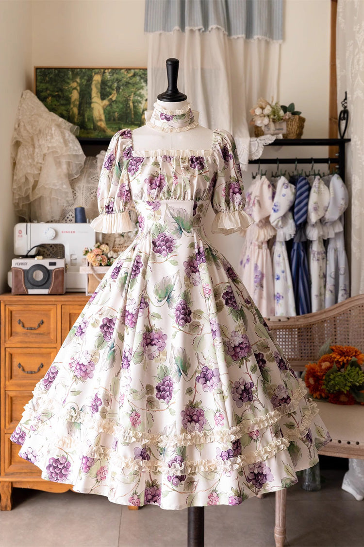 Forest Basket Printed Ruffled Lace Sweet Elegant Dress