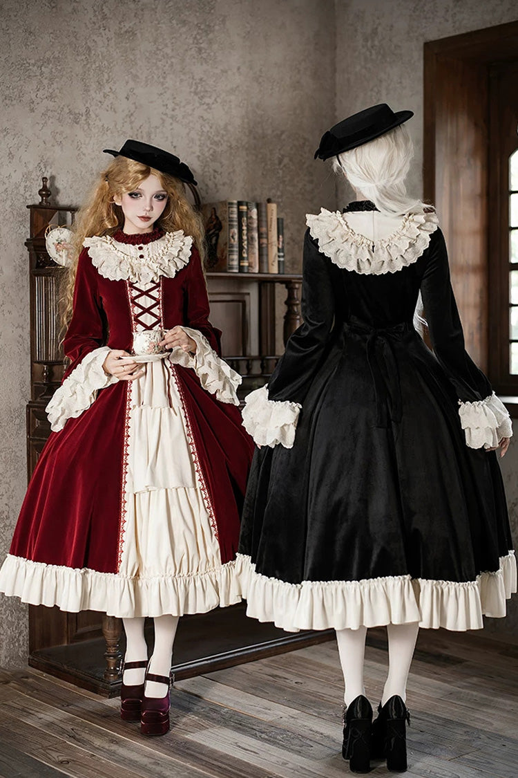 Gothic Lolita Dress with Ruffled Open-Front Bow and Lace-Up - Black