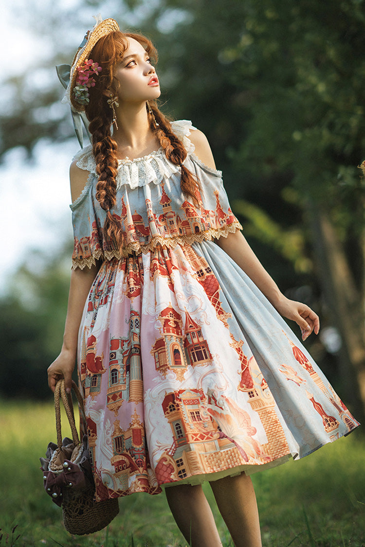 Multi-Color Oil Painting Printed Sweet Lolita Dress - Off Shoulder Short Sleeved