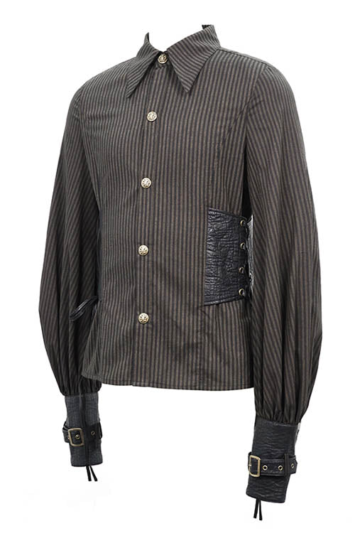 Cocoa Pinstripe Punk Waistcoat with Cinched Leather Accents