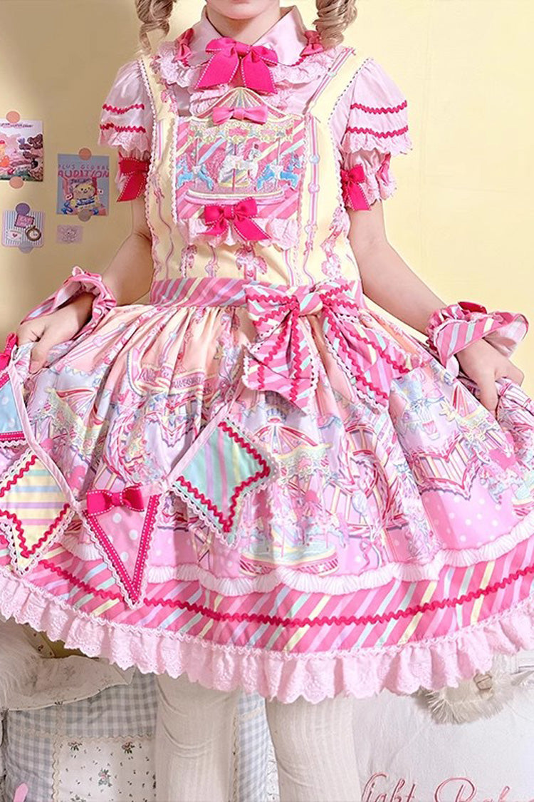 Sweet Lolita Strap Dress with Bowknot Ruffled Print in Two Hues - Candy Park
