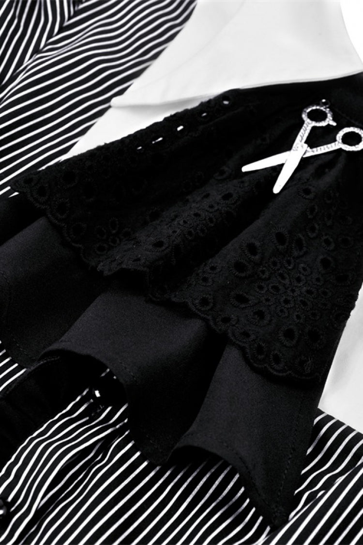 Lapel Collar Long Puff Sleeves Striped Preppy Gothic Dress