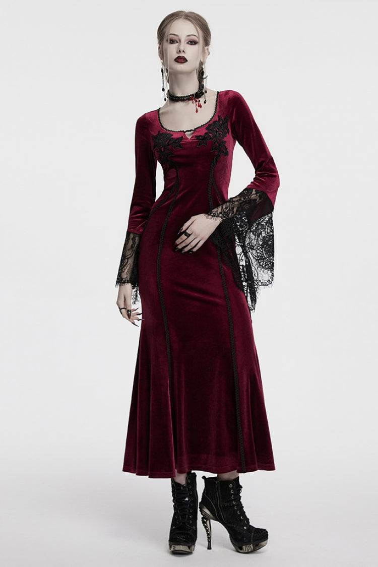 Crimson Floral Stitched Lace Gothic Evening Gown