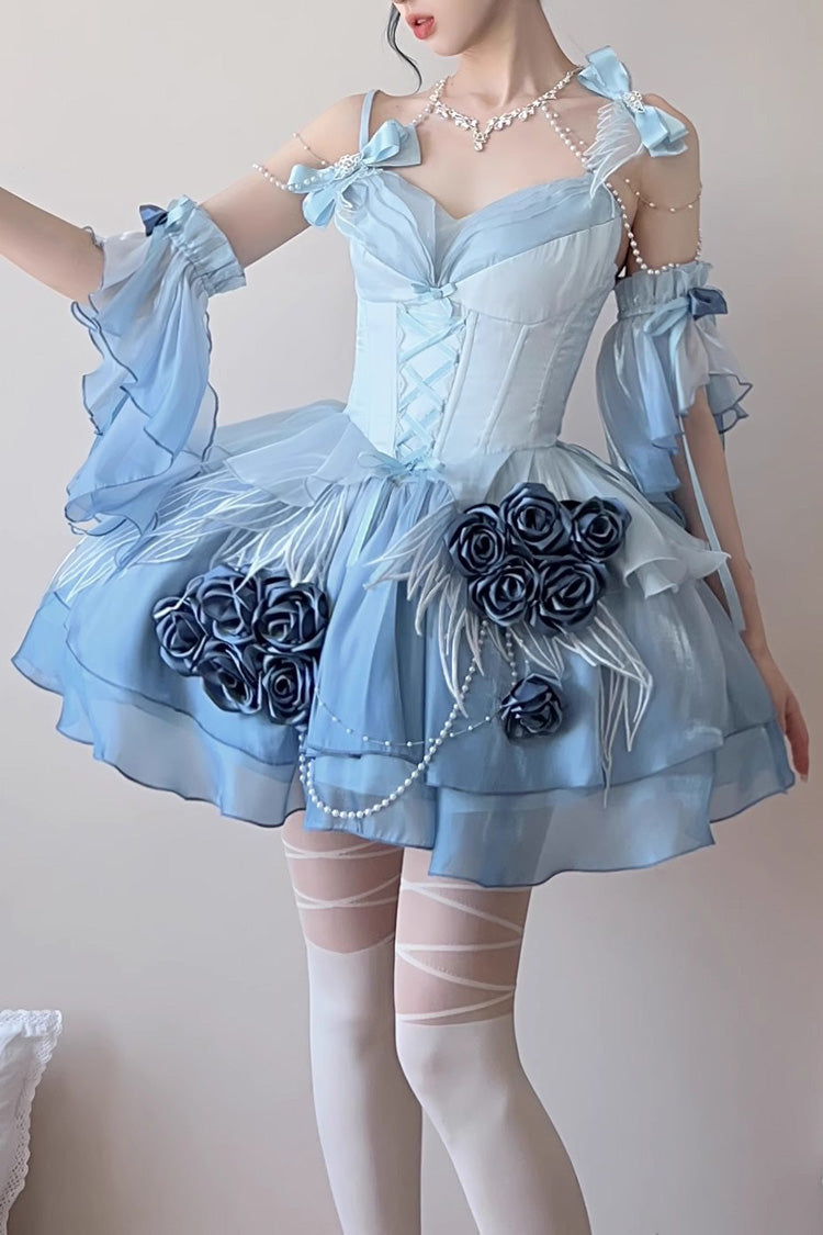 Sky Blue Swan Wonderland Embroidery Bowknot Lace-Up Ballet Jsk Dress Short