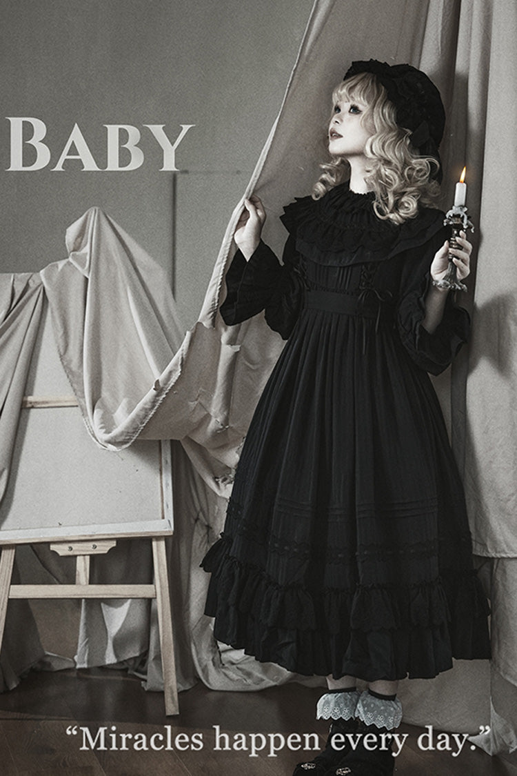 Good Night Black Long Sleeves Double-Layered Ruffle Bowknot Lace-Up Gothic Dress