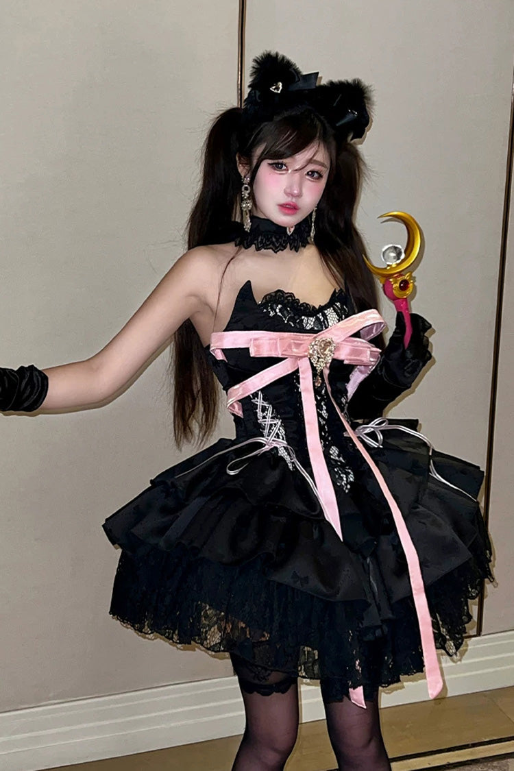 Princess Ballet Gothic Lolita JSK Dress with Ruffled Bow and Lace-Up - Black