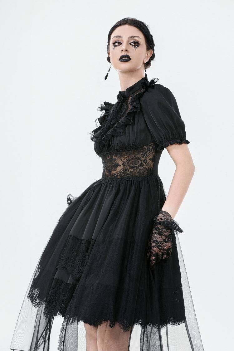 Chiffon Gothic Wedding Dress with High-Low Hem and Layers